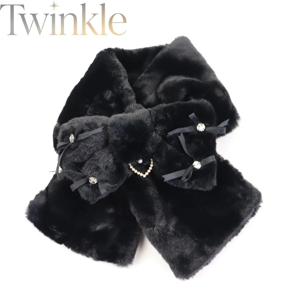 Women Bow Fleece Scarf Winter Warm Faux Rabbit Fur Sweet Cute Cross Wrap Neck Warmer Student