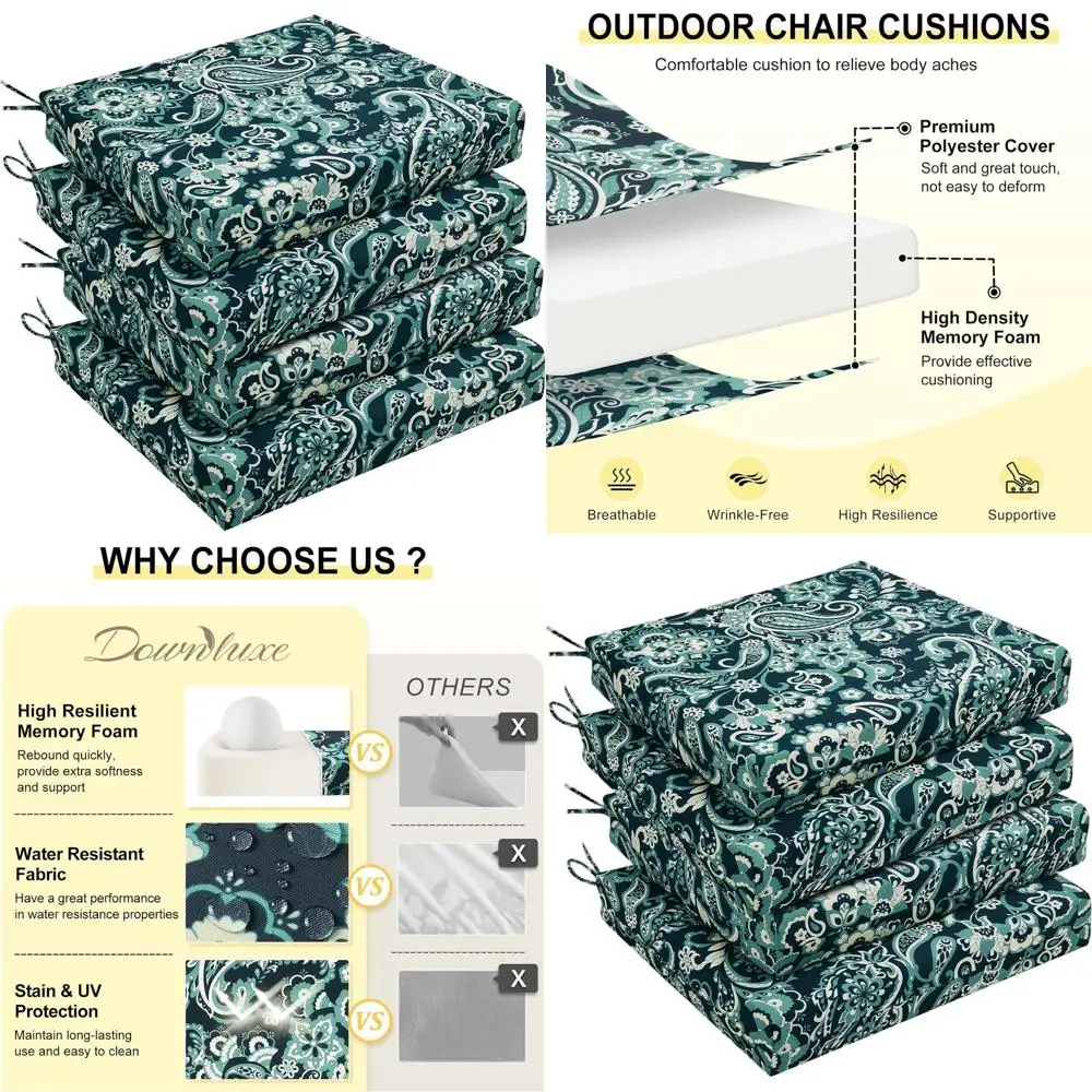 

Набор из 4 водонепроницаемых подушек для стульев для патио, квадратных углов с завязками, 18,5 x 16 x 3, зеленый