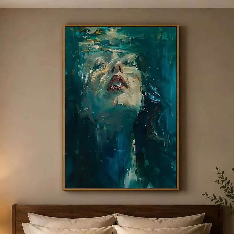 Aquatic Reverie – Hand-Painted Underwater Woman Figure Teal Blue Abstract Textured Oil Portrait Painting for Bedroom, Living