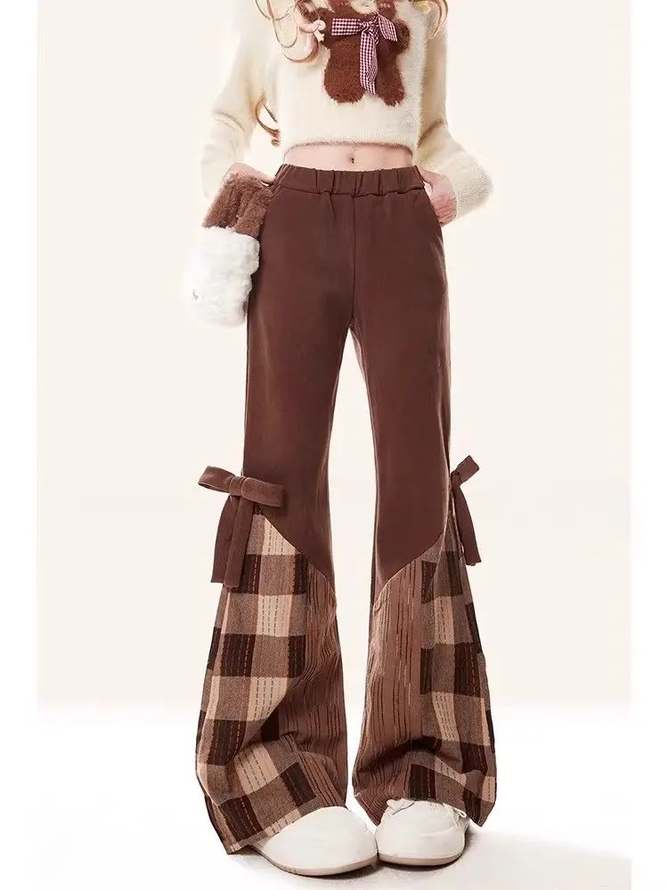 

Korea Autumn Winter Women's Plaid Splicing Micro Flared Pants Casual Sweatpants Fashionable Simple Versatile Elegant Trousers