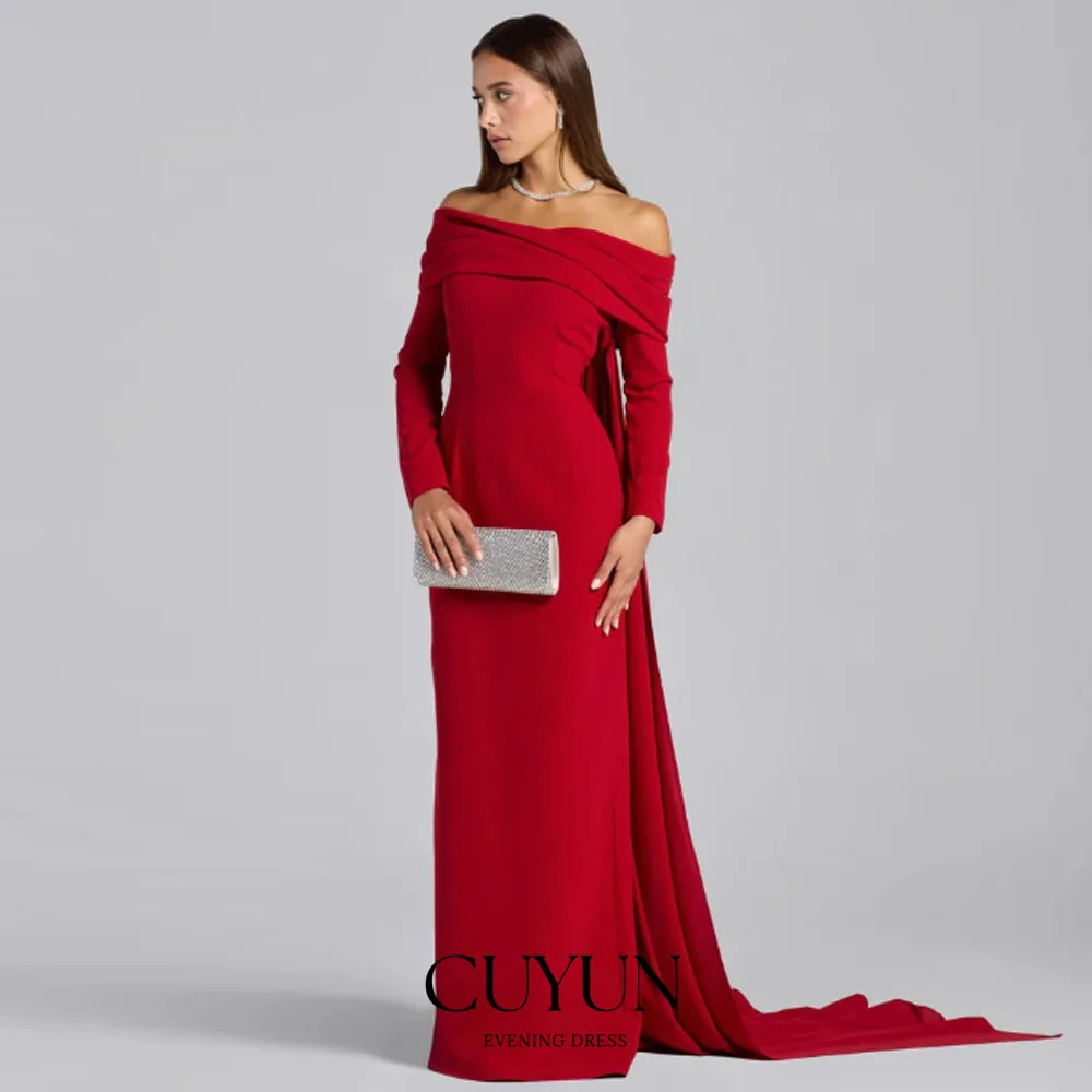 فساتين سهرة حمراء للنساء من CUYUN برقبة قارب مع ذيل فساتين مناسبة رسمية مخصصة على شكل حرف A فستان زفاف للضيوف فستان حفلات #1