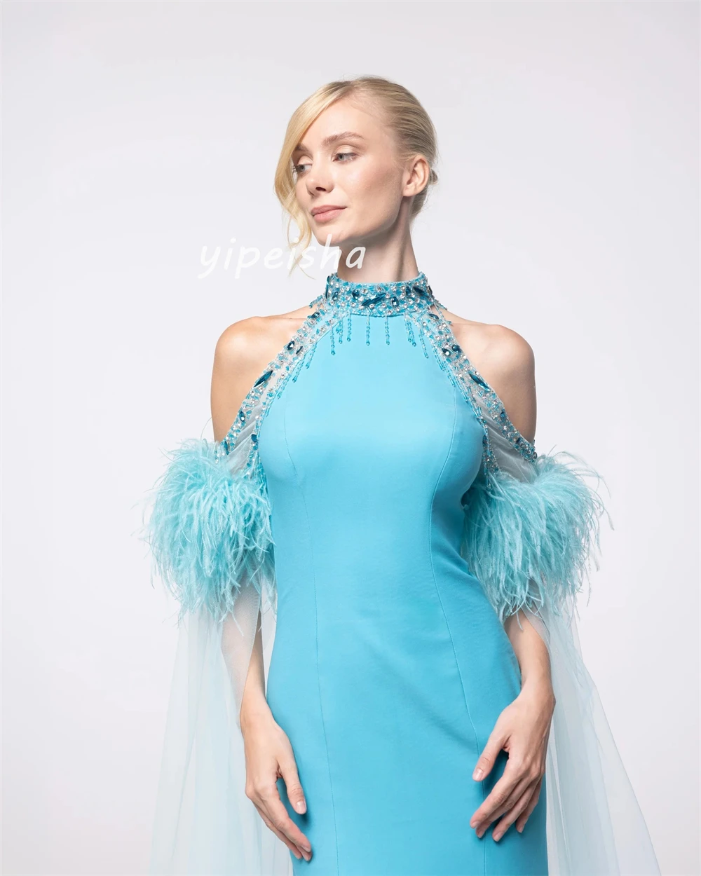 Customized Exquisite Women Jersey Rhinestone Feather Straight Evening Dresses Fashion High Collar Sleeveless Floor Lenght Dress