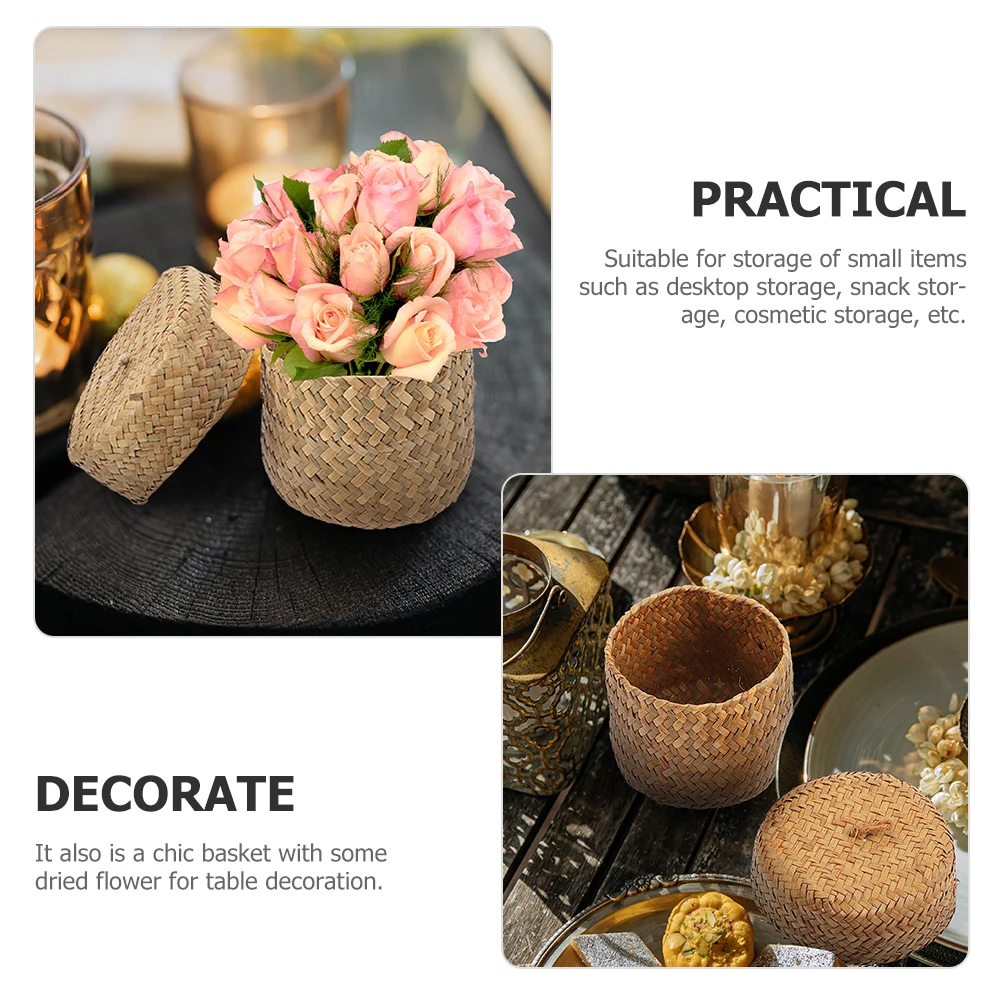 

2 Pcs Straw Flower Box Nursery Outdoor Basket Wicker Storage with Lid Baskets Lids Seagrass Woven Small