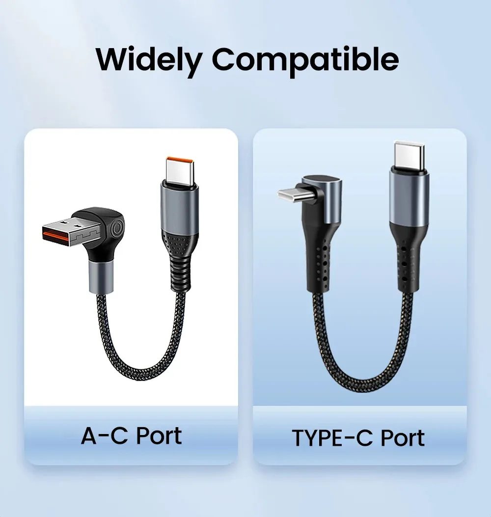 6A66W Fast Charging Data Cable 90 Degree Bend Cell Phone Cable Usb To Typec Typec To Typec 0.5M/0.25M Short Cable for Power Bank