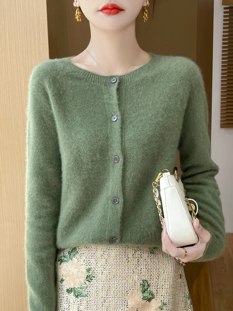 

Women's Soft Casual Elegant O-Neck 100% Merino Wool Autumn Winter Warm Comfortable Solid Cardigan Knitted Sweater Clothing Tops