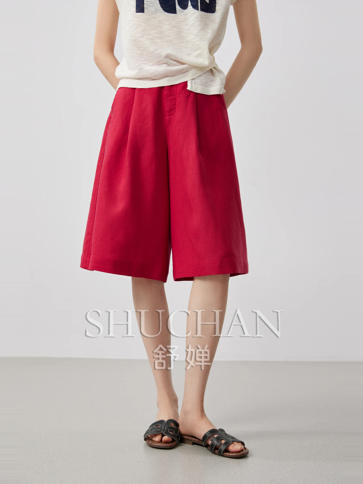 

Mijia Good Quality 25 Charlessel Linen Semi-elastic Waist Old Money Minimalist Seven-point Wide Leg Casual Pants P