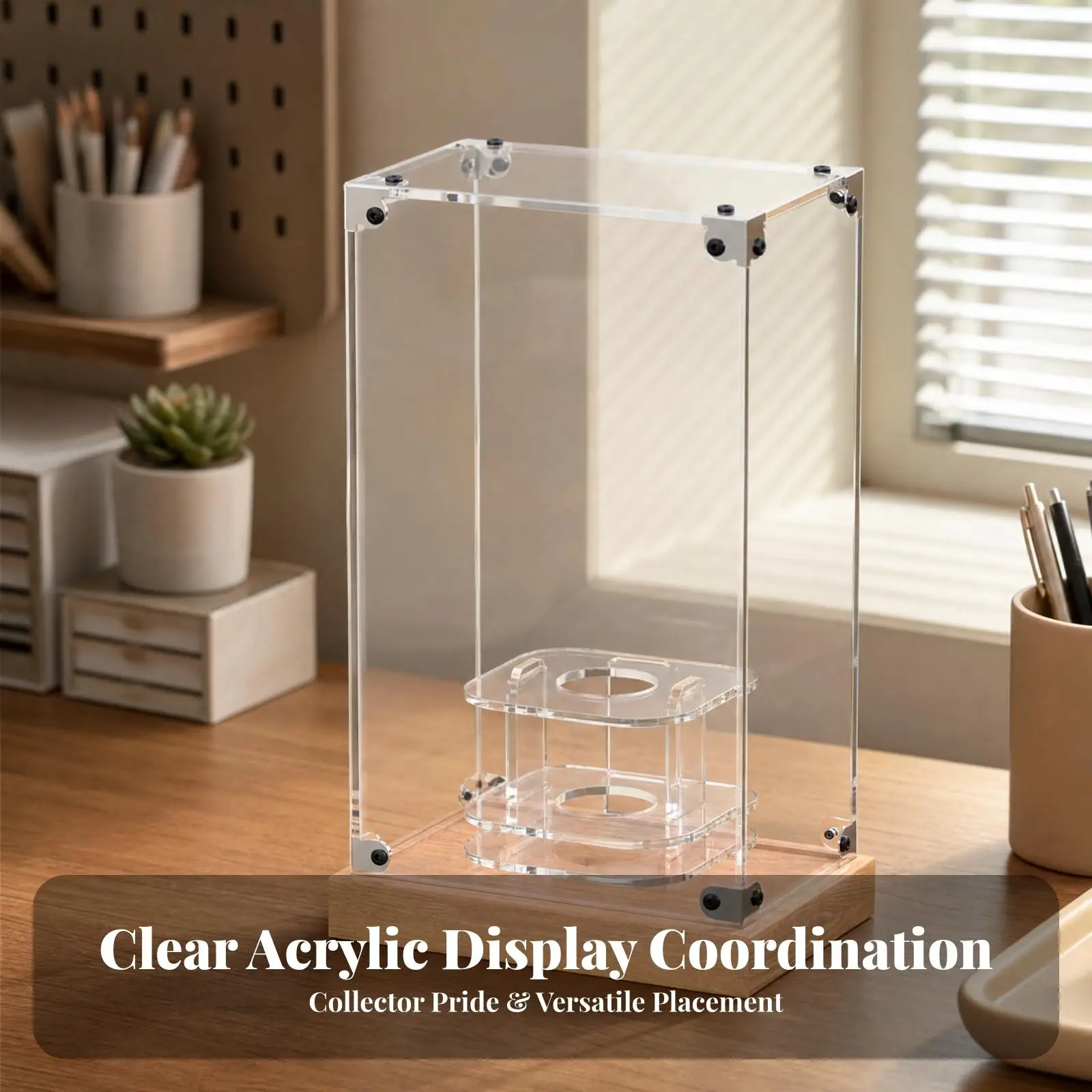 Light Display Box Dustproof Clear Acrylic Showcase with Wood-Look Base Transparent for Fan Merchandise Collectors, Idol Group