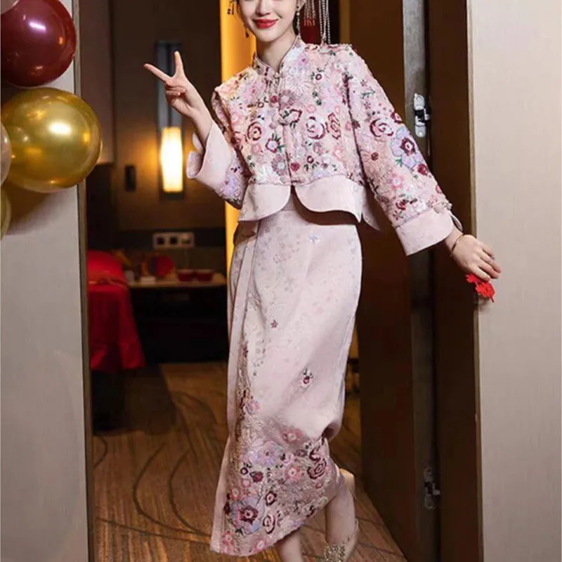 Pink new Chinese toasting improved cheongsam two sets of bridal dress