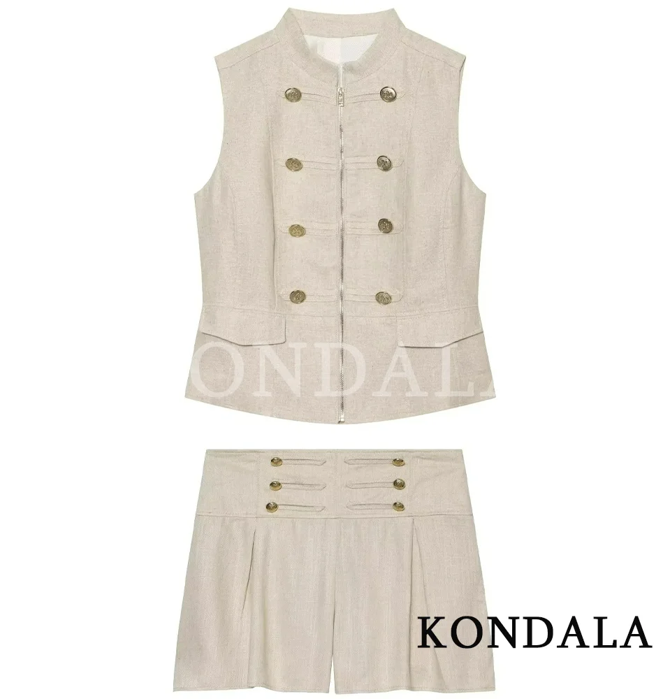 KONDALA Women Casual Trendy Shorts Set O-Neck Button Vest Slim Top Pleated Shorts New Fashion 2026 Spring Summer Commute Set