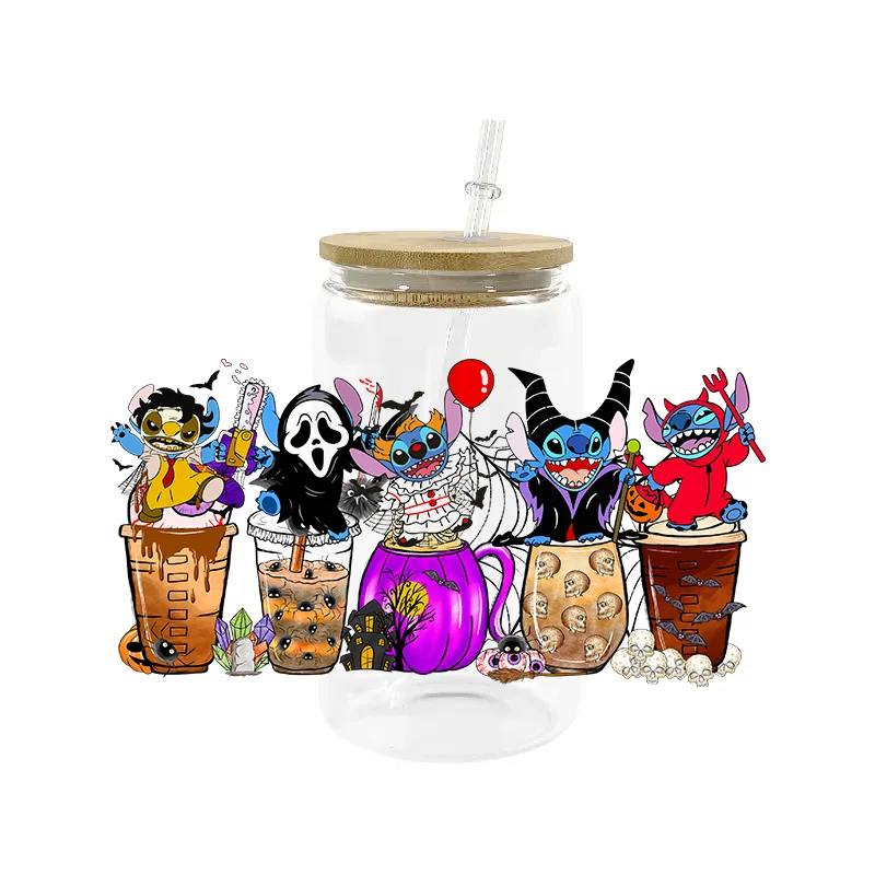 Miniso kartun Hallowee Stitch16OZ UV DTF Cup membungkus stiker Transfer untuk Kaca Libbey Can botol Selfadhesive dicuci DIY cangkir