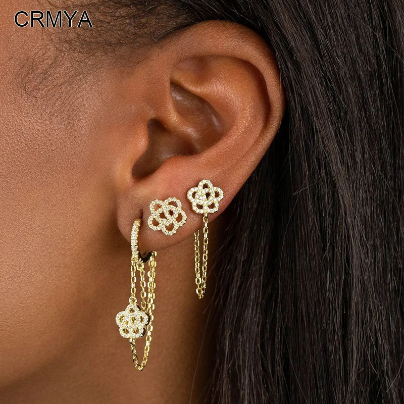 CRMYA Gold-color Stud Earrings For Women Classic Piercing CZ Zircon Flower Stud Chain Earrings 2023 Women Jewelry Wholesale