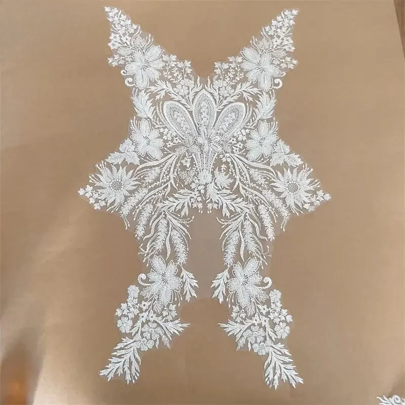 

65*48CM Beaded Sequins Lace Chest Flowers 3D Wedding Dress Applique DIY Bridal Headdress Lace Collar Lace Fabric Big Patch