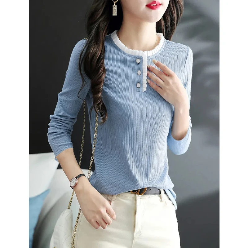 Spring Autumn Comfortable Sweet Solid Color Women\'s Clothing Round Neck Pullover Patchwork Long Sleeve T-shirt Casual Tops