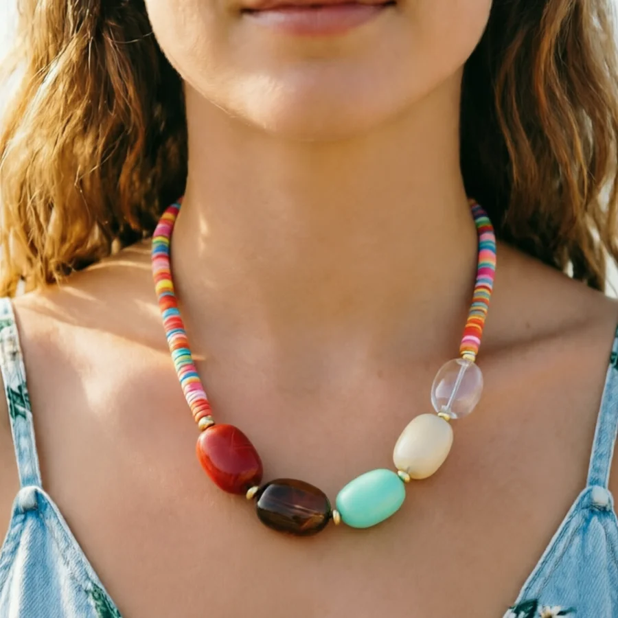 Bohemian Beach Colorful Acrylic Beaded Choker Necklace Boho Rainbow Polymer Clay Jewelry