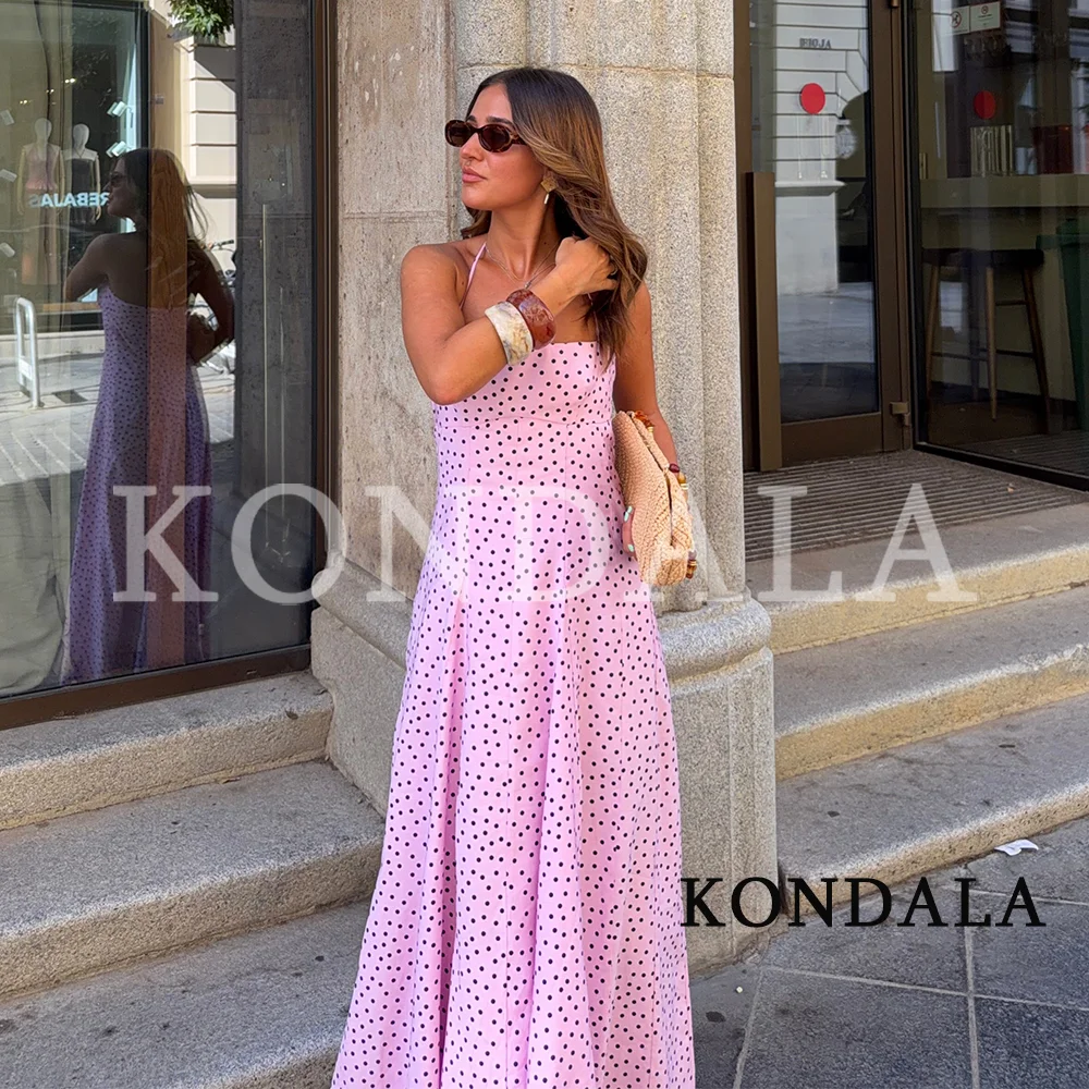 KONDALA Women Chic Polka Dot Slim Halter Dresses 2026 Summer Trendy High Street Elegant Dress Female Holiday Party Long Dresses