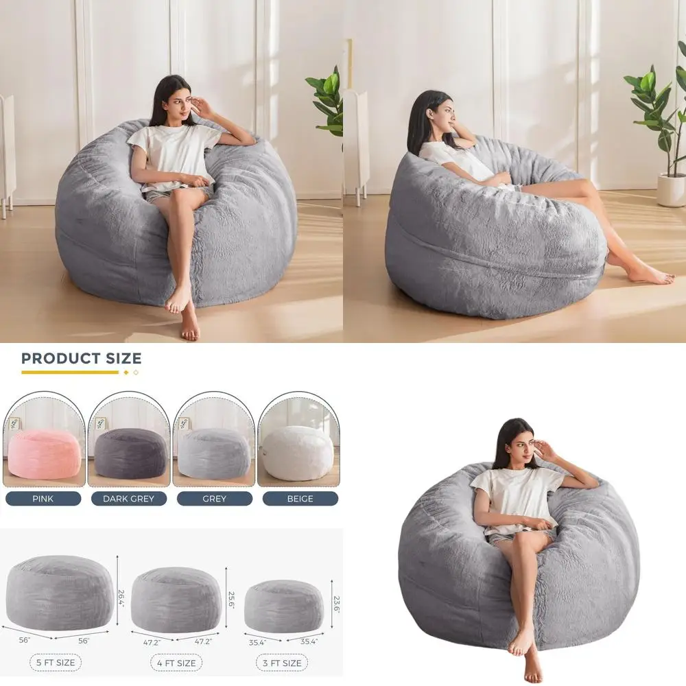 كرسي كيس فول كبير للكبار بطول 3 أقدام مع حشوة إسفنجية، غطاء فرو فائق النعومة، قابل للغسل في الغسالة، مثالي لغرفة المعيشة أو غرفة النوم #1