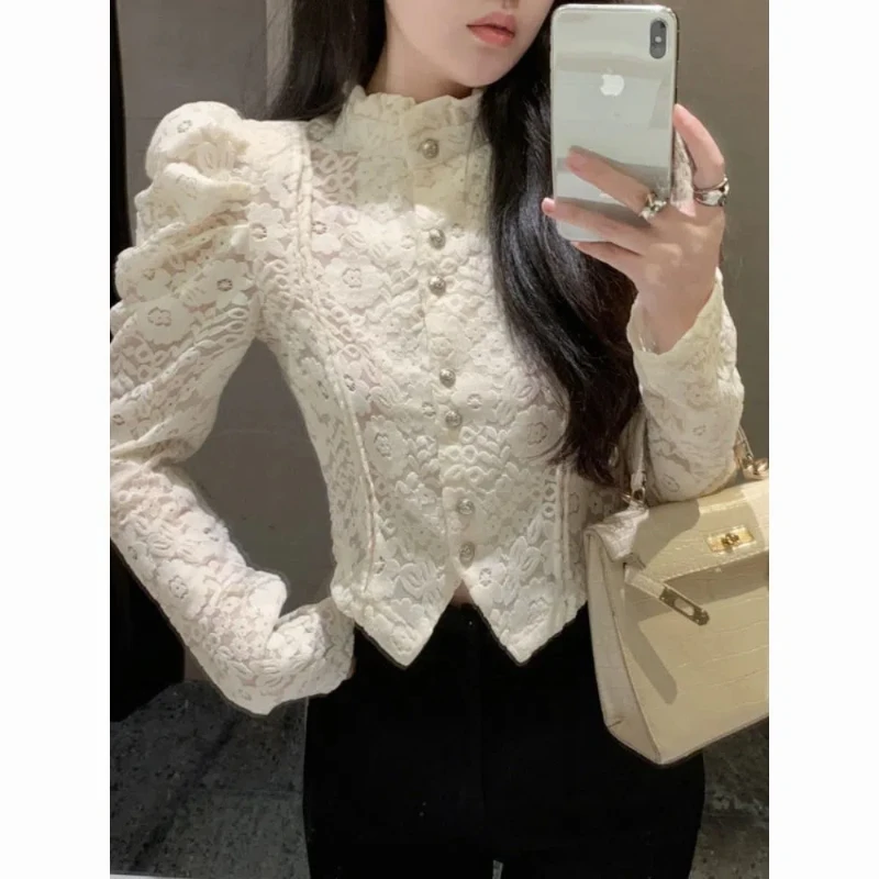 French Sweet Half High Collar Lace Bottom Shirt Women's High Grade Western Style Small Shirt Bubble Long Sleeve Short Top