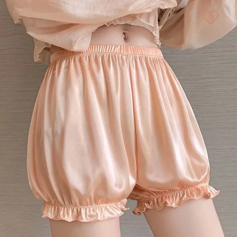 Satin Safety Short Ice Silk Pants Women Ruffled Pumpkin Pants Lady Thin Leggings Leisure Loose Home Sleeping Bottoms Shorts