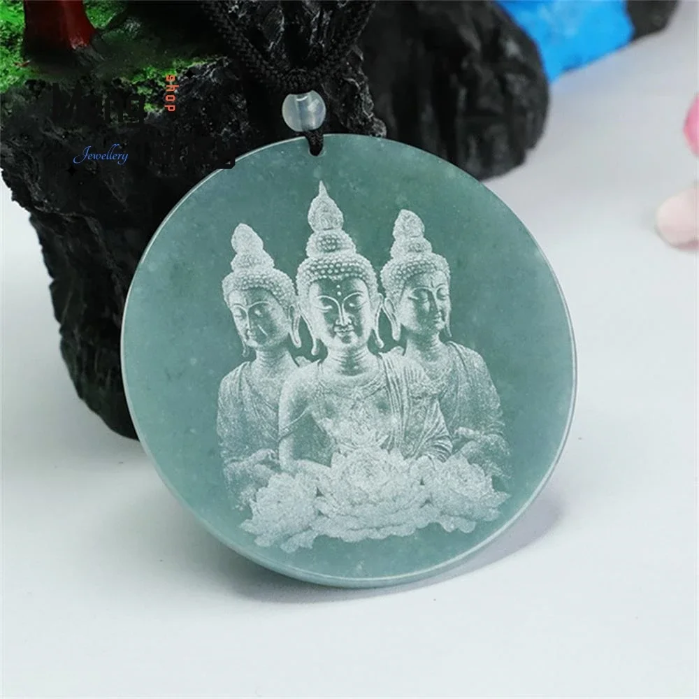 Natural Jadeite Blue Water Exquisite Elegant Simple High-grade Three Saints Jade Shadow Carving Pendant Luxury Quality Jewelry