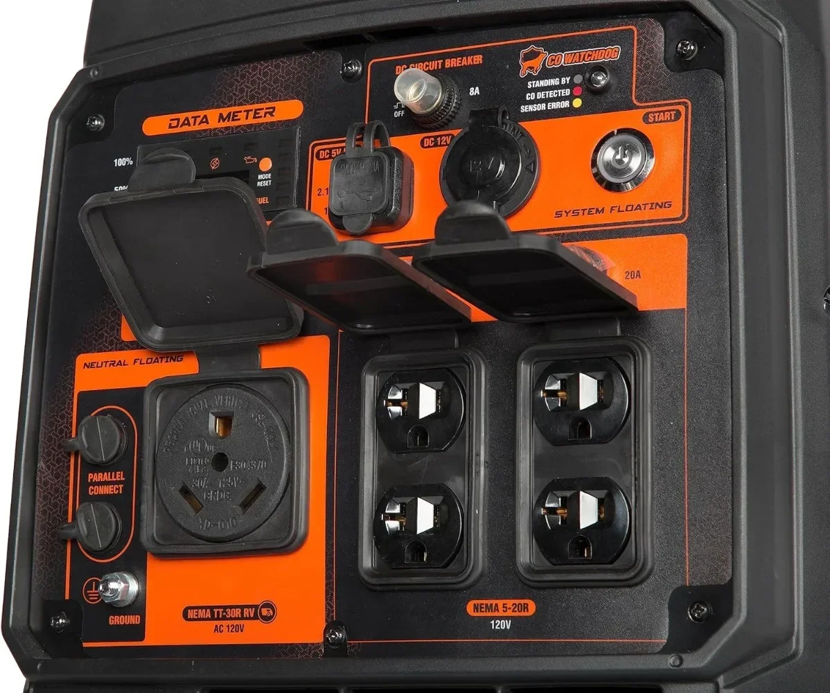 

A 4800-Watt Portable Inverter Generator Electric Start RV-Ready Quiet and Lightweight with Fuel Shut Off and CO Watchdog