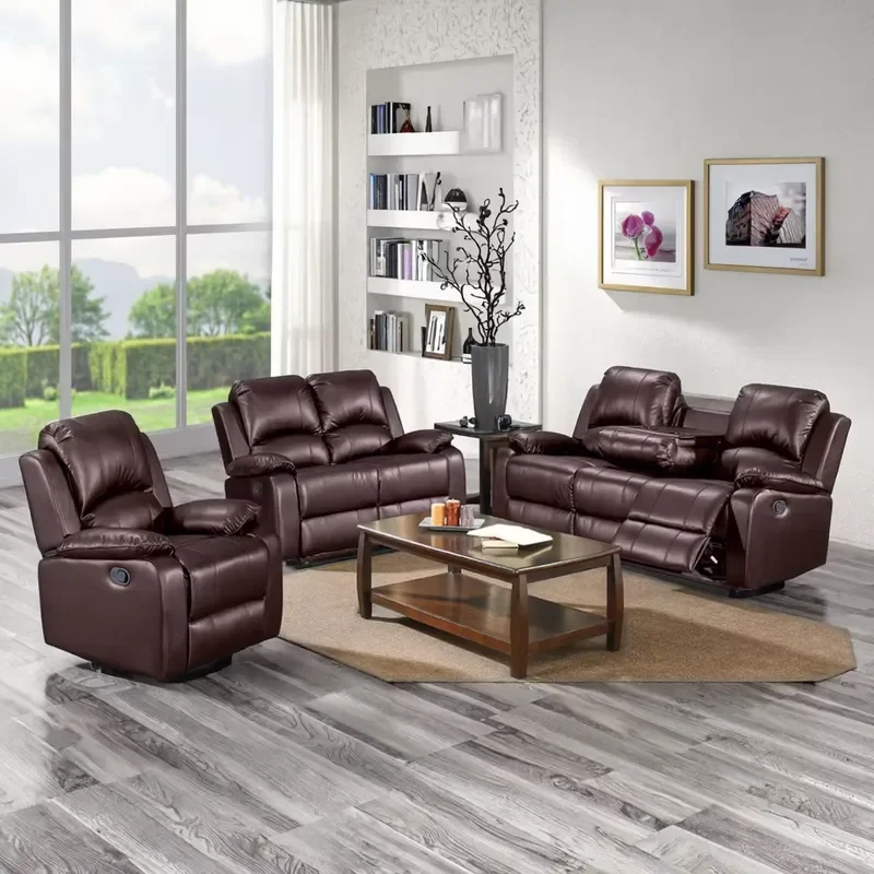 High End Custom Frank Living Room Furniture Black 6 Seater Sectional Sofa Artificial Leather Reclining Sofa Set