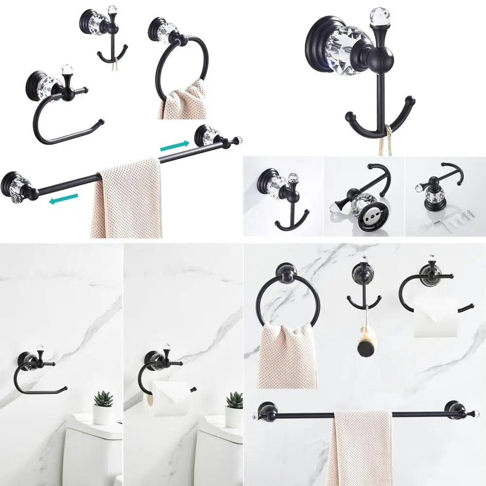 Black 24 Inch Crystal Bathroom Hardware Set - Towel Bar, Toilet Paper Holder, Towel Ring, Coat Hooks, Bathroom Accessories