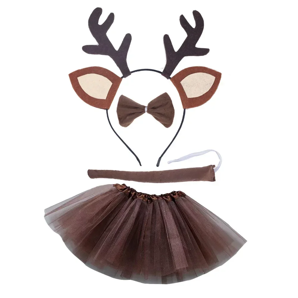 Christmas Deer Costume for Girls Reindeer Antler Headband Tutu Skirt Tail Cosplay Props