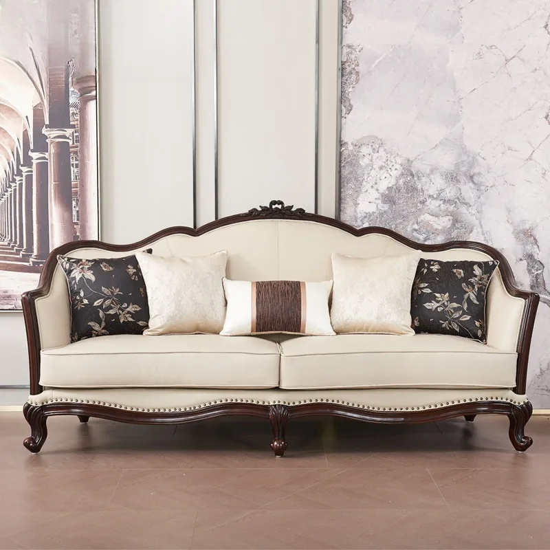 

American sofa leather off-white simple living room furniture European vintage sofa top layer cowhide