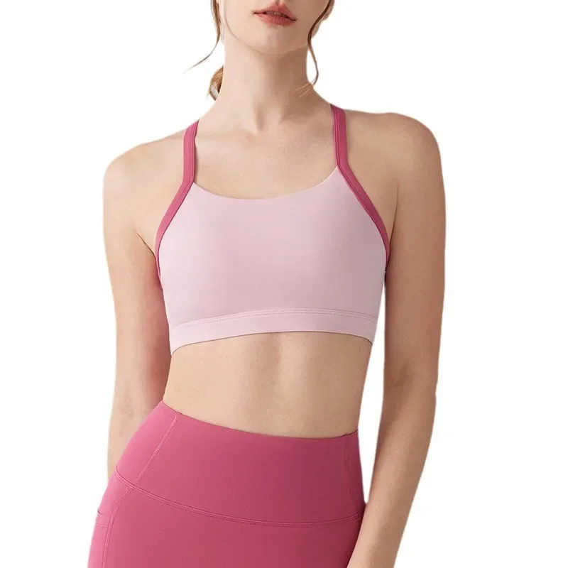 Color blocked sports bra for women, shock resistant running, Pilates training, fixed cup yoga suit, vest, fitness outerwear bra