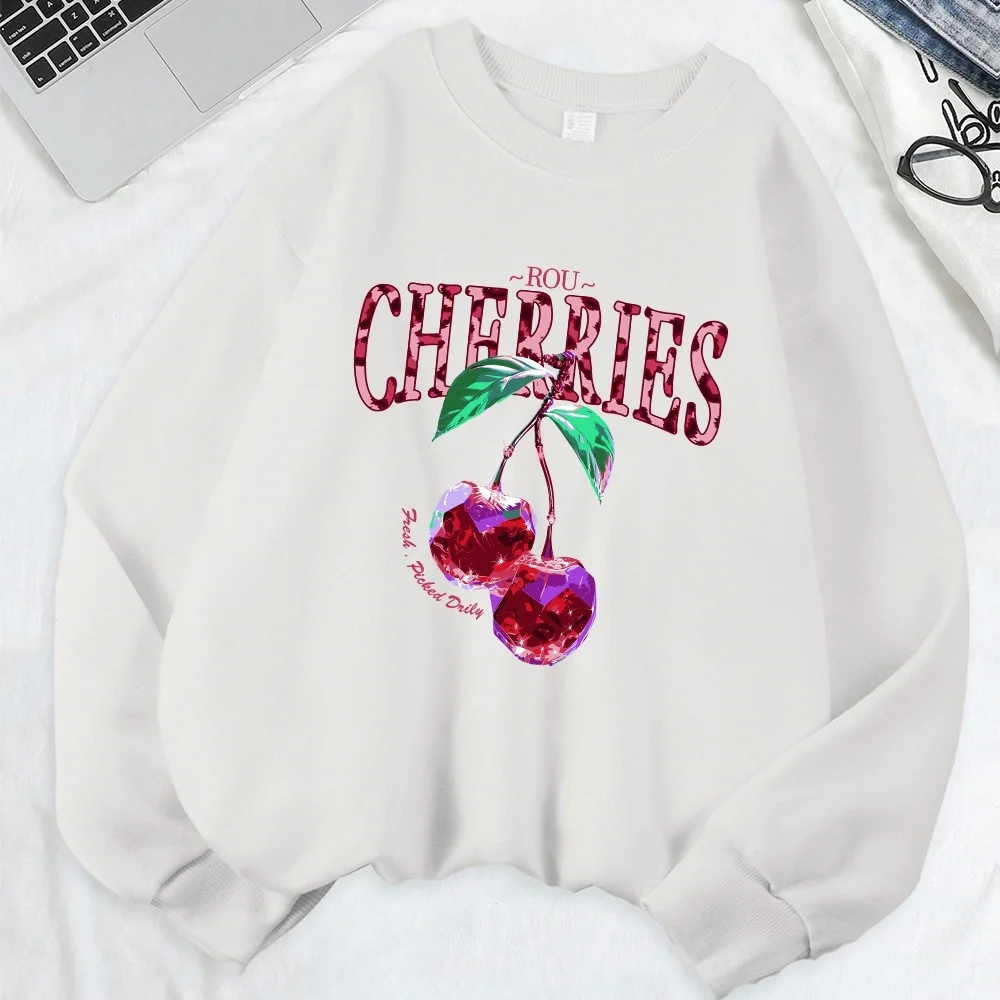 

Casual Womans Pullover Hand Picked Cherries Printing Hoodie Soft Breathable Loose Crewneck Sweatshirt Autumn Winter Streetwear