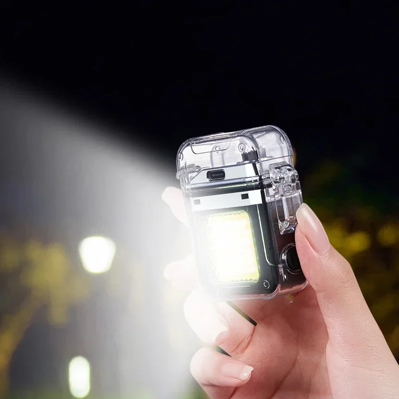 Windproof Smart Electric Lighter Flashlight Transparent Plasma ARC USB Rechargeable Lighter Outdoor Camping Gift Survival Tool