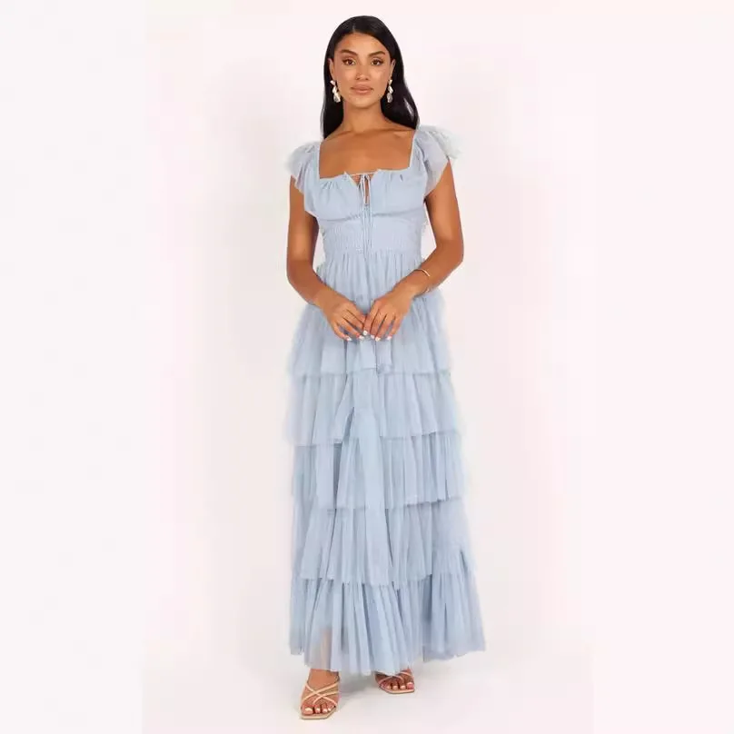 2024 New Women\'s Blue Tulle Ruffled U-neck Party Sexy Dress Long Dress Princess Style Birthday Dress Backless Tiered Gown