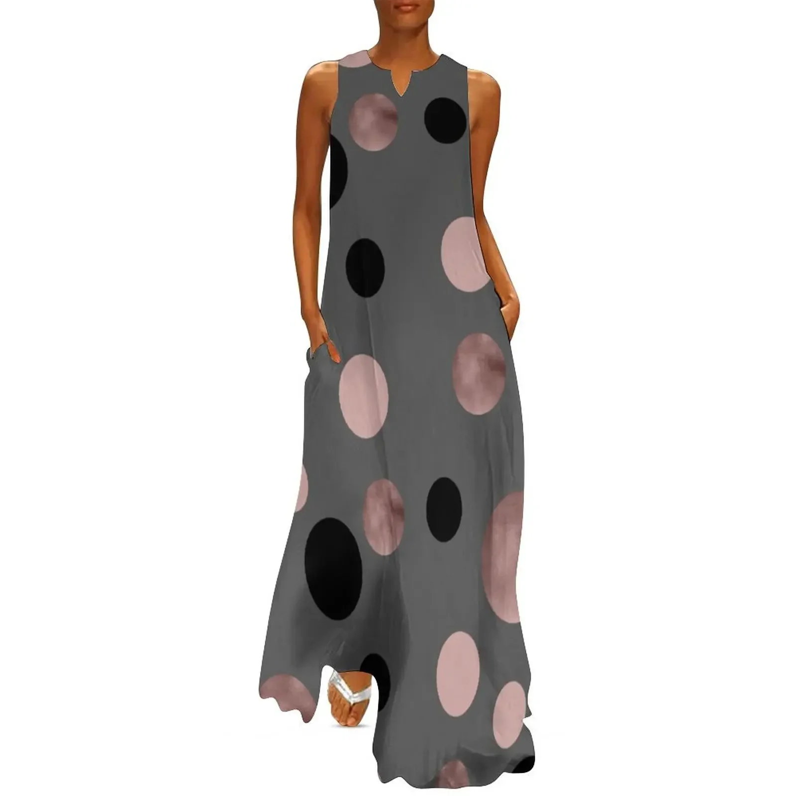 

Elegant rose gold, black and pink dots Long Dress elegant dress Women's dress Casual dresses womens clothing