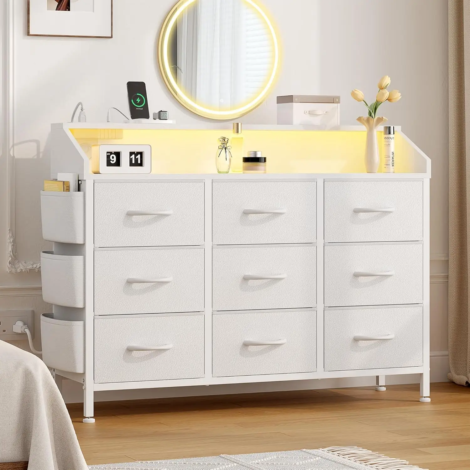 White Dresser with LED Light and Power Outlets, 2-Tier Shelf Fabric Chests of Drawers for Bedroom, Entryway, Closet (White)