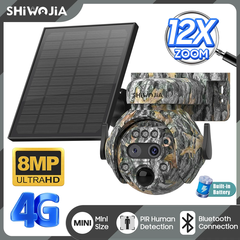 

SHIWOJIA 12X ZOOM Solar Trail Camera 4G SIM WIFI Wireless Hunting Camera 360° PTZ Game Cameras with Motion Activated Waterproof