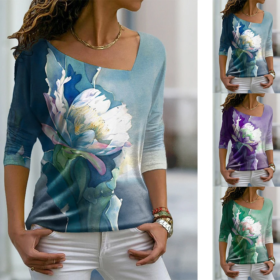 

Lotus Open Gradient Color Pattern Casual Ladies Blouse V Neck Long Sleeve T-shirt Temperament Women's Wear XS-8XL