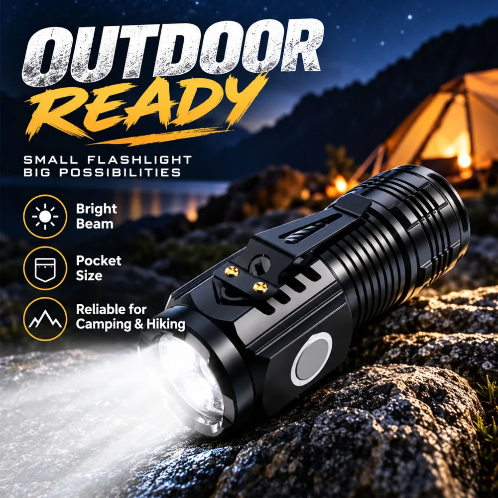 Portable 3-Eyes LED Flashlight Super Bright Small Pocket Torch Type-C Quick Charge Compact Clip Design Handheld Light for Hiking