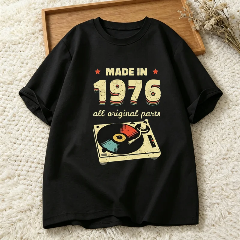 Vintage 1976 Birthday Tee Men Retro Vinyl Turntable Graphic T Shirt Cotton Casual Short Sleeve Music Lover Party Tops Y2k Top