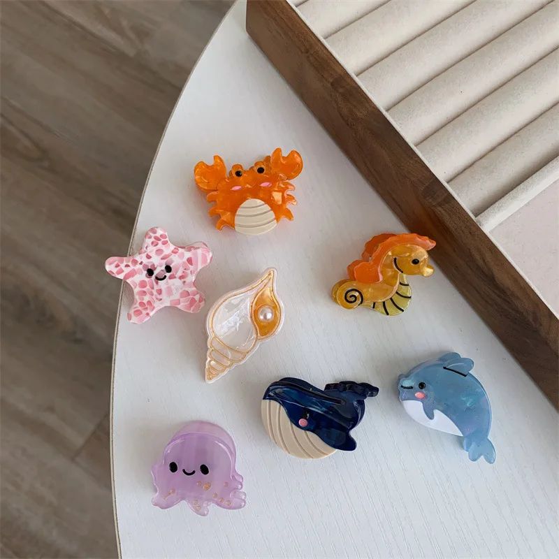 Small Delicate Cute Ocean Trumpet Acetate Hair Clips Cartoon Whale Seahorse Crab Starfish Hair Grab Side Bangs Clip for Girls