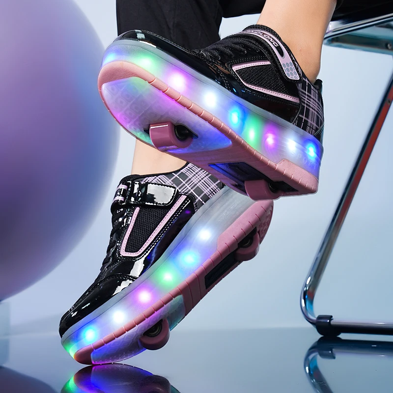 Zapatillas deportivas de dos ruedas con luz LED para niños y niñas, zapatos de Skate con hebilla giratoria, informales, a la moda, 29-43