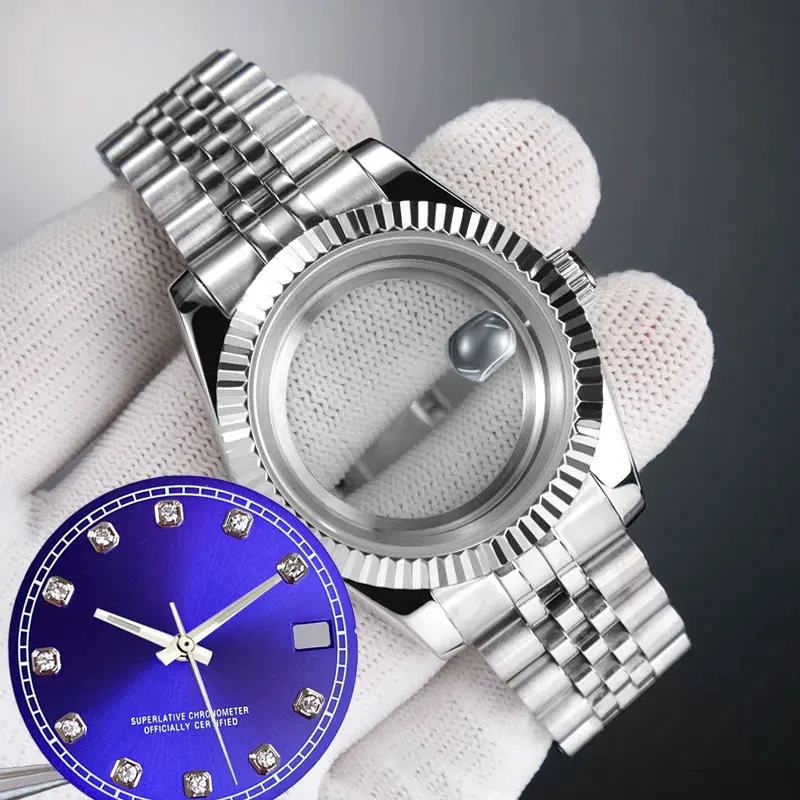 36MM 39MM Silver 10ATM Watch Case fit NH35A NH36A Diamond Index Blue Green Sunburst Dial Hand Steel Bracelet Sapphire Glass