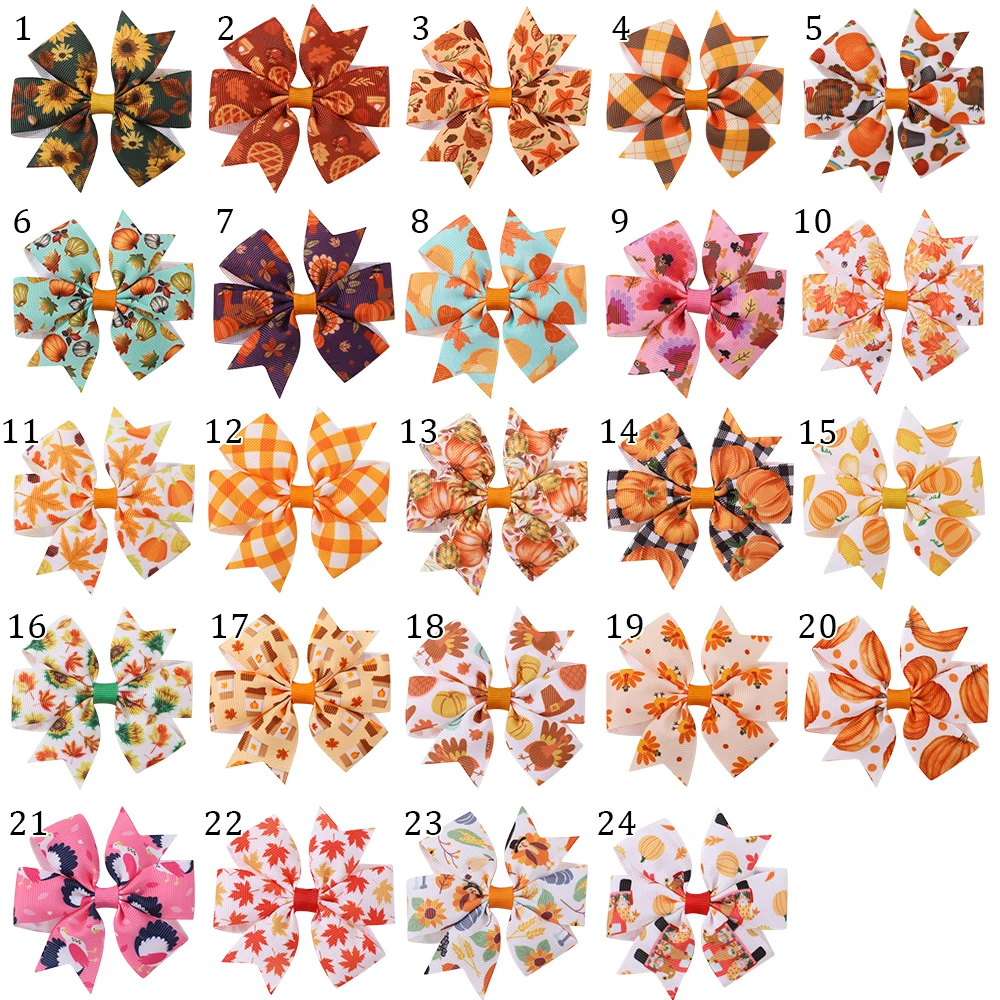 Thanksgiving Day Bow Hair Clip Set for Kids 12/24Pcs Autumn Printed Ribbon Maple Leaves Pumpkin Hairpins Girls Hair Accessories