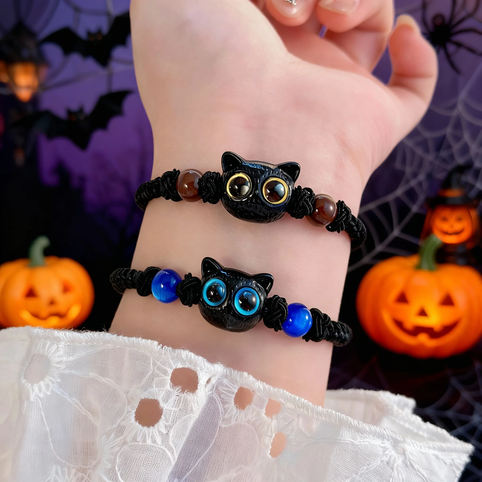 

Cute Cartoon Cat Matching Couples Bracelets for Women Men Funny Big Eye Black Kitten Bead Braided Bracelets Harajuku Jewelry