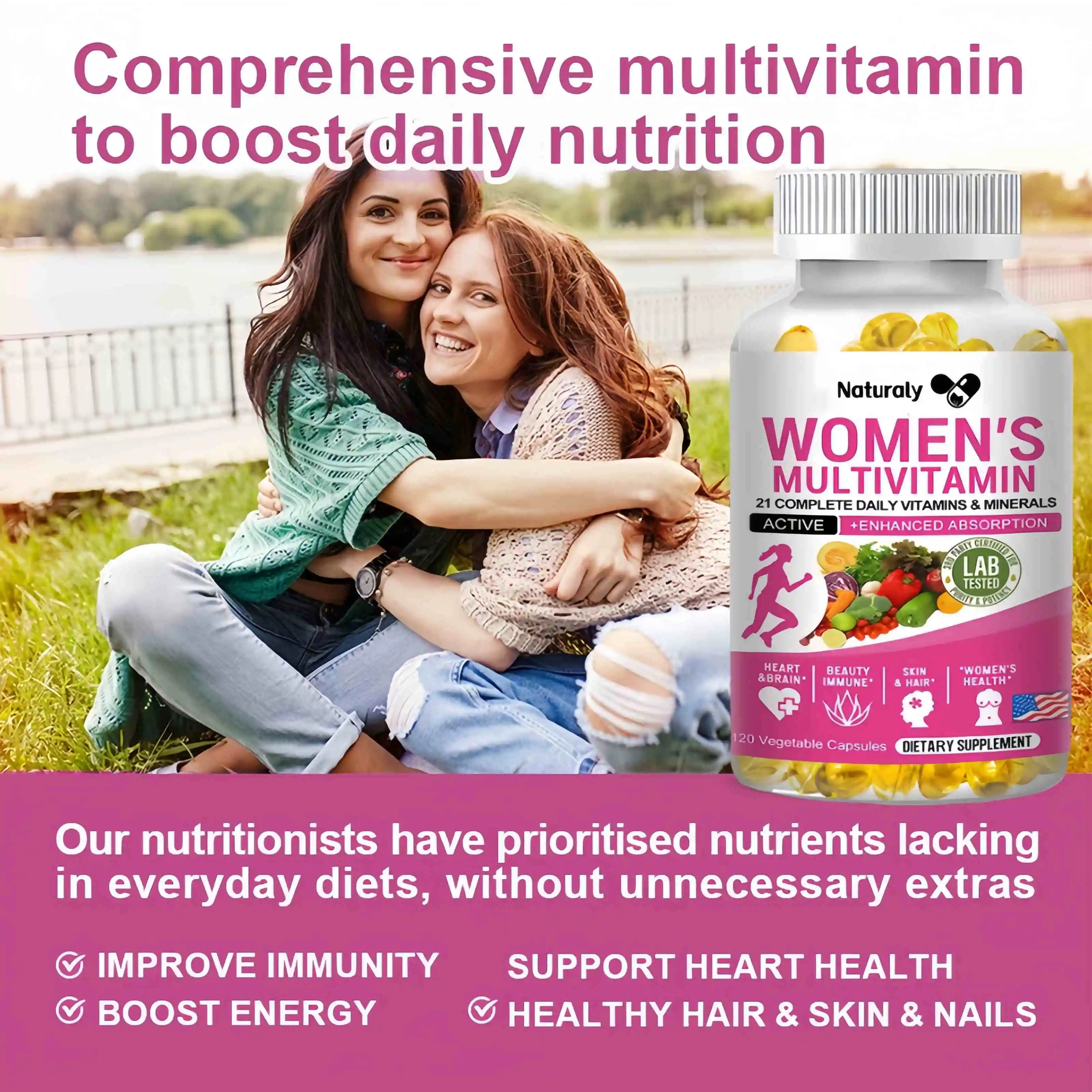 Multivitamin capsules contain a perfect blend of iron, biotin, calcium and zinc to support immune function and energy.