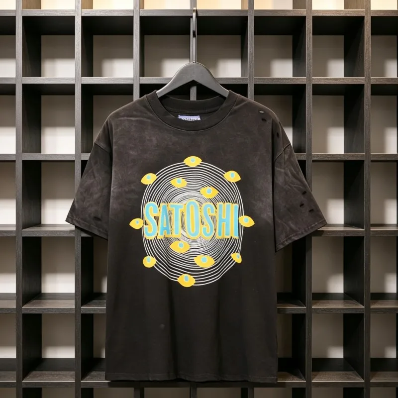Summer Vintage Distressed Washed Hole SATOSHI Tshirts Cotton Black Circular Line Pattern Short Sleeve Men Women Street Outfit