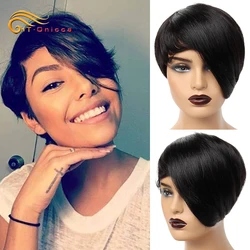 Pixie Kesim Peruk Kadınlar Için Patlama Ile 8 Inç Kısa İnsan Saç Peruk Tam Makine Yapımı Uzun Swoopy Katmanlar Peruk