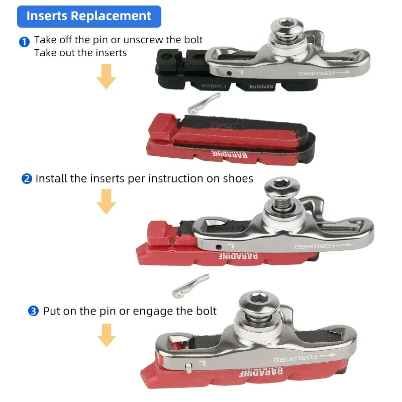 Baradine Brake Cartridge Inserts Road Foldable BMX Metal Rims C- clamp V-caliper Braking Block Replaceable Pads Low Noise