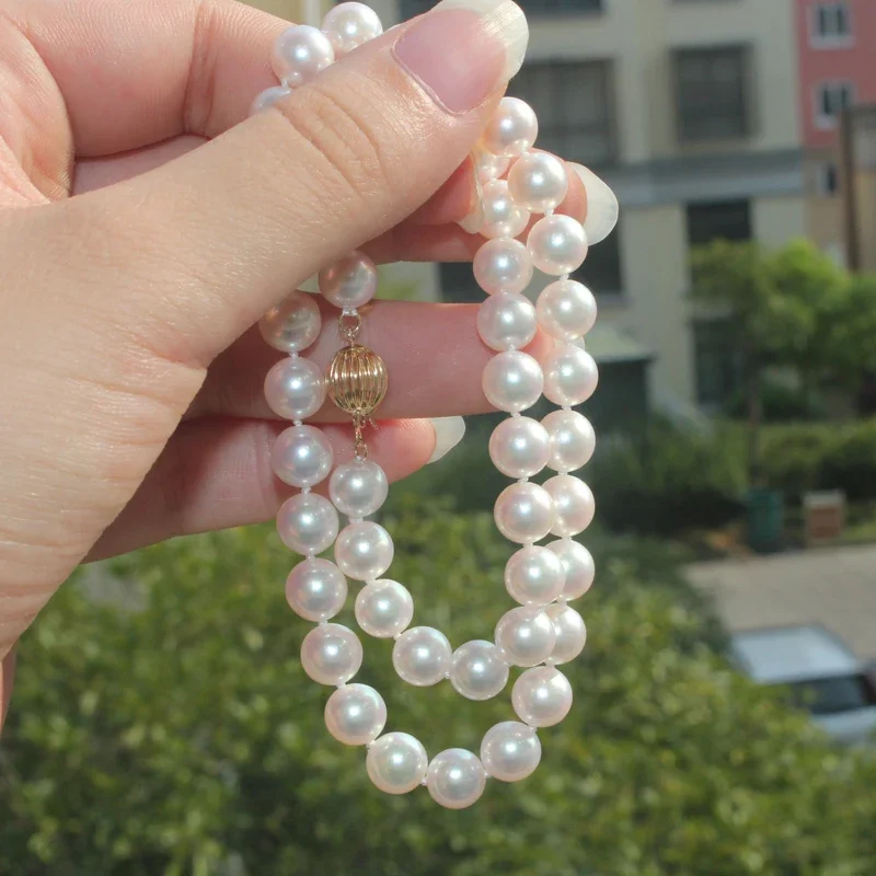 

925 silver real natural big 9-10mm Akoya pearl necklace round seawater pearl necklace light 5230 send mom collares anime