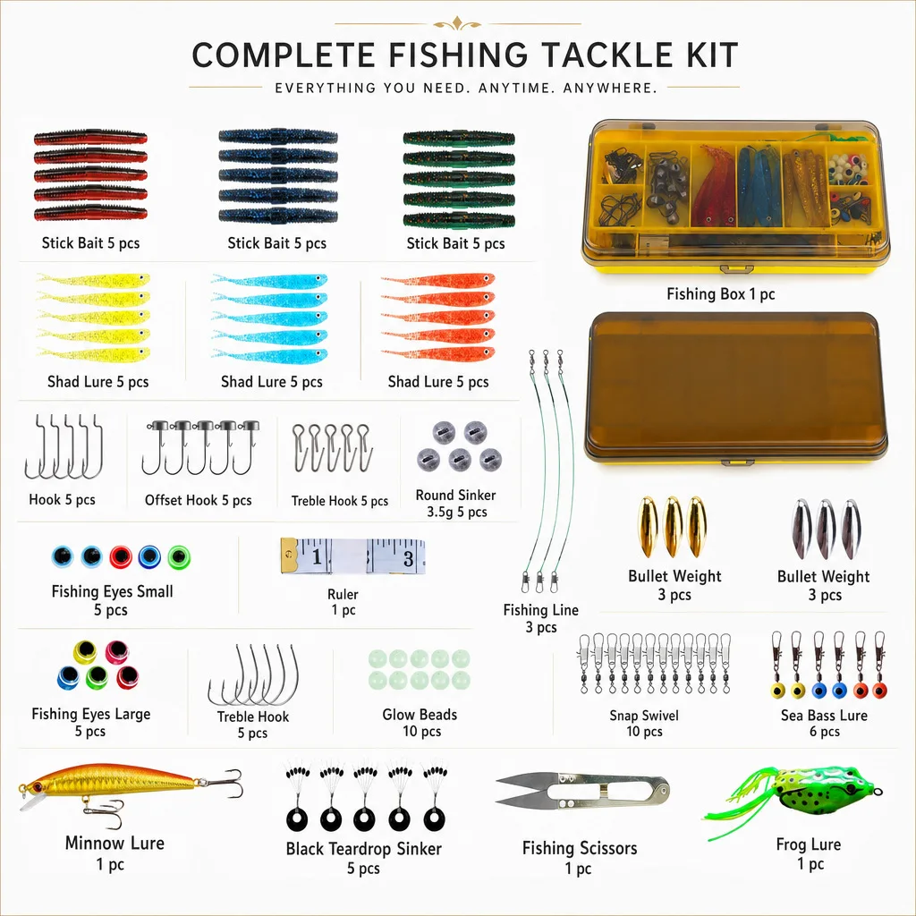 105PCS Beginner Lure Accessory Kit Full Set Soft Baits Jig Heads Split Rings Line Rigs With Tackle Storage Box,Freshwater Fish