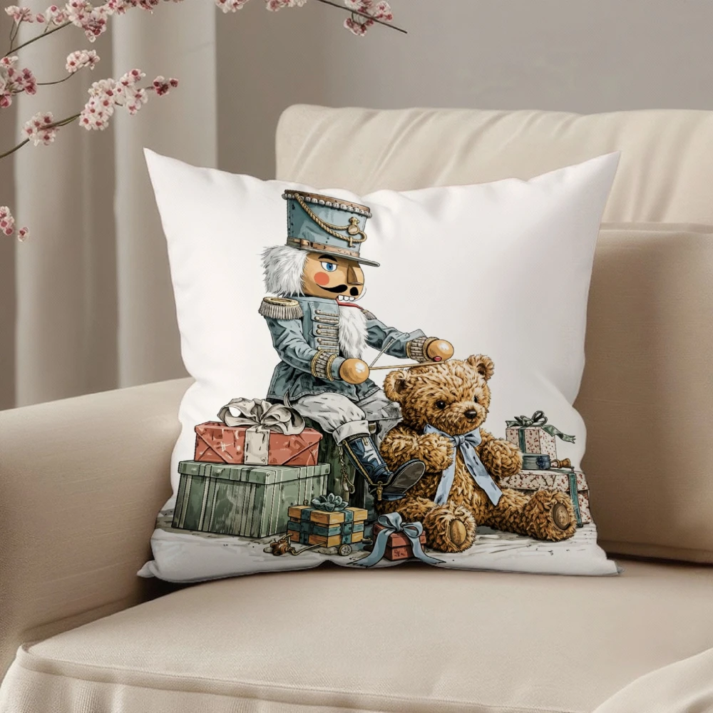 Square Throw Pillow Case White Nutcracker Soldier And Teddy Bear With Gift Boxes Print For Living Room Sofa Bedroom Home Decor